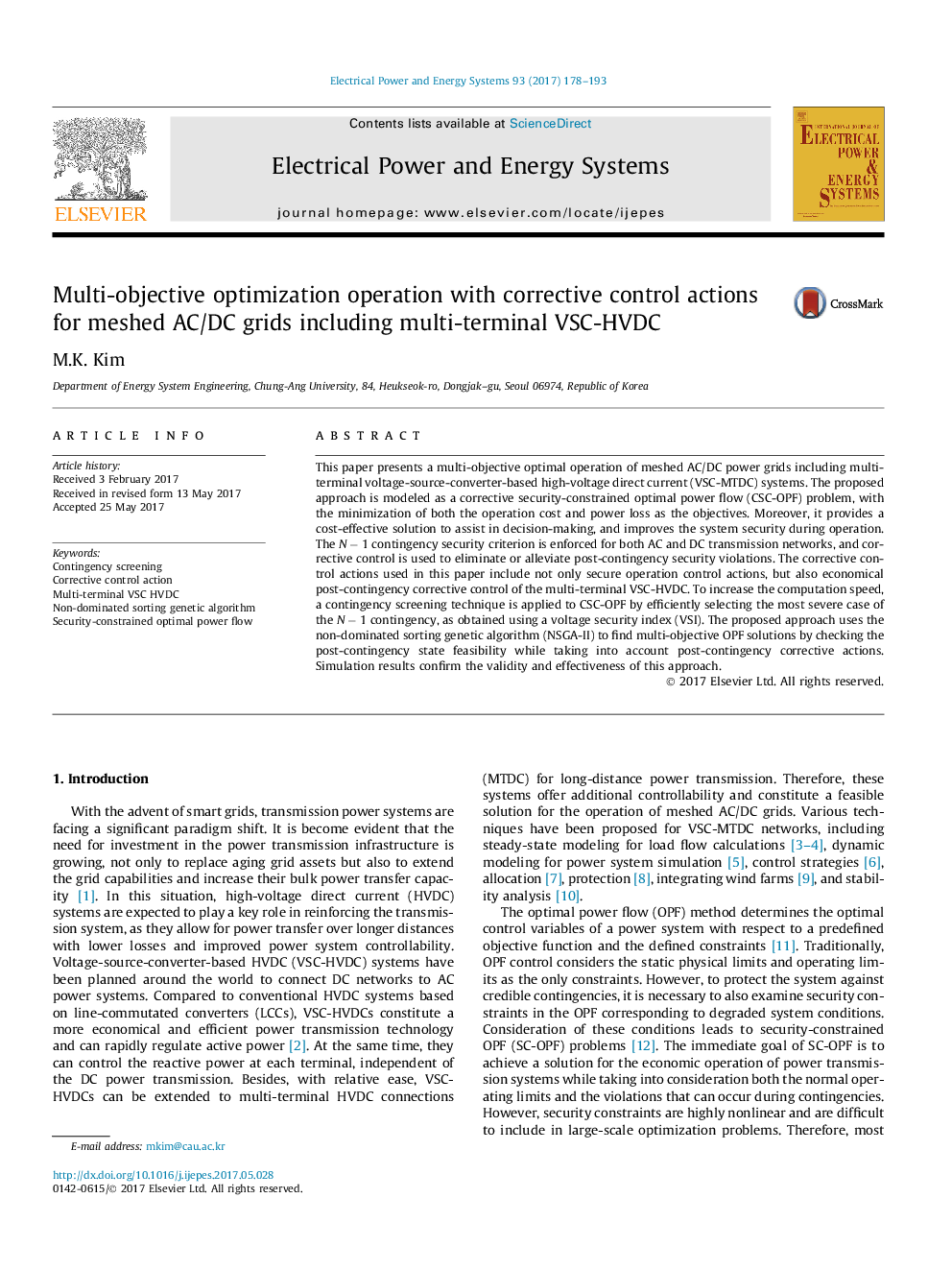 Multi-objective optimization operation with corrective control actions for meshed AC/DC grids including multi-terminal VSC-HVDC