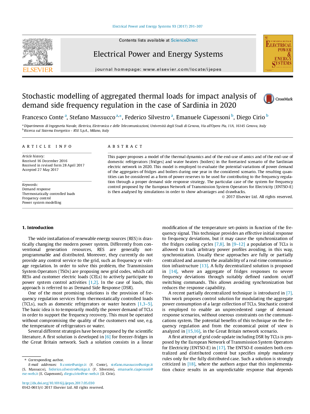 Stochastic modelling of aggregated thermal loads for impact analysis of demand side frequency regulation in the case of Sardinia in 2020