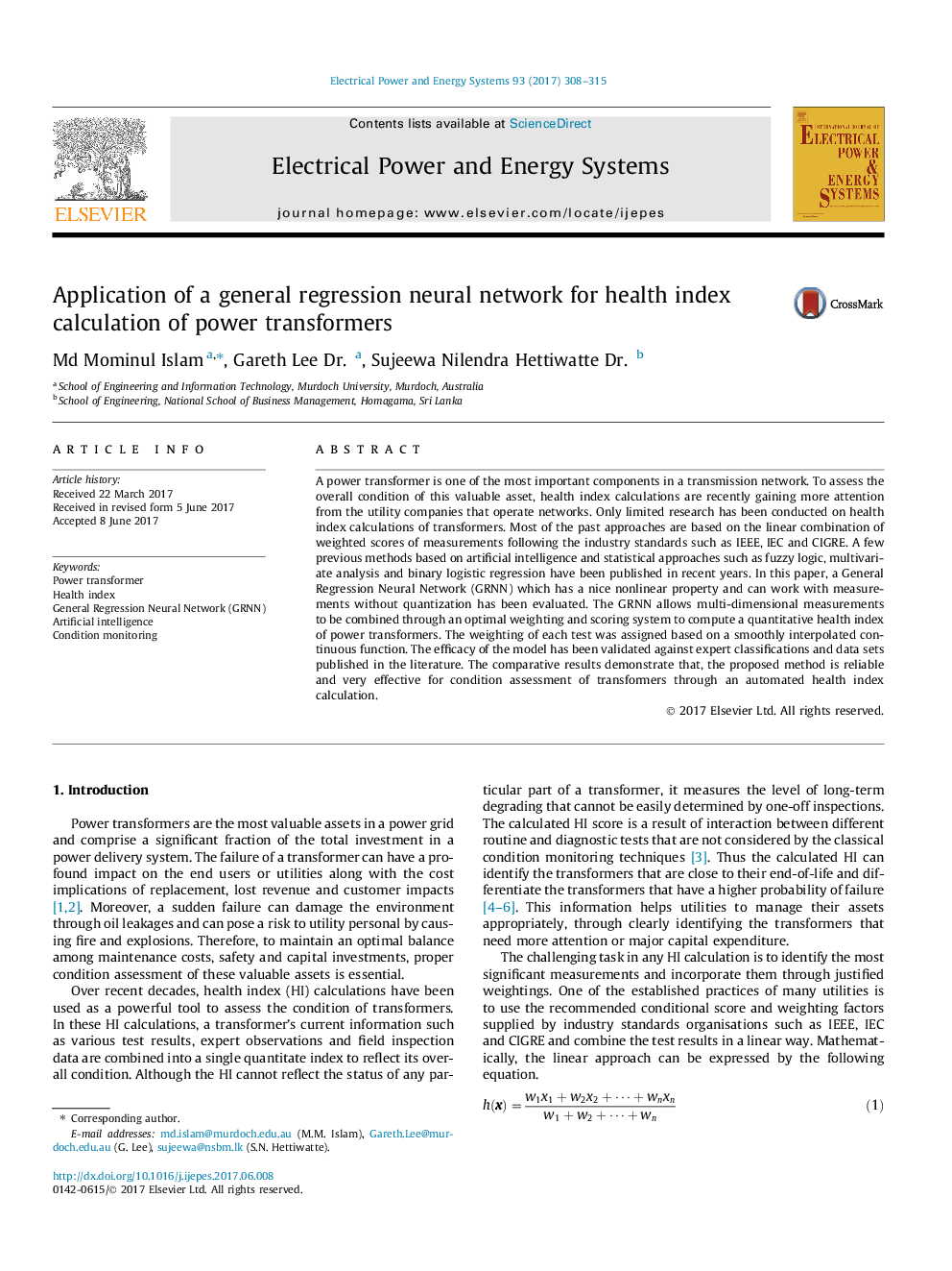 Application of a general regression neural network for health index calculation of power transformers