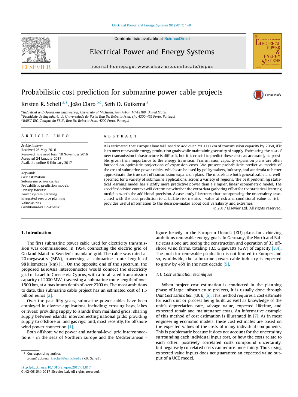 Probabilistic cost prediction for submarine power cable projects