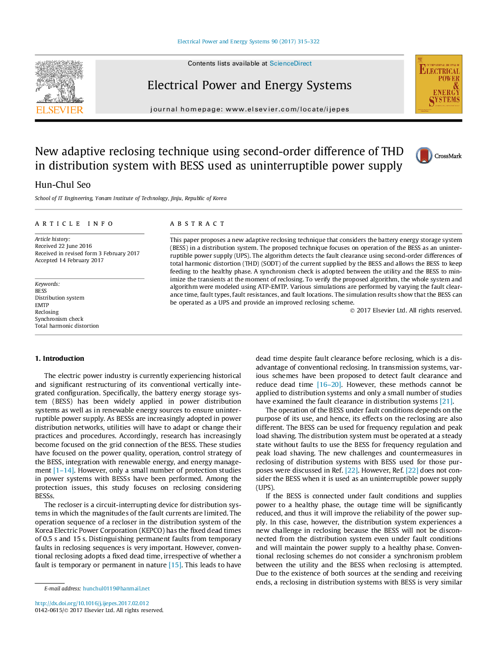 New adaptive reclosing technique using second-order difference of THD in distribution system with BESS used as uninterruptible power supply