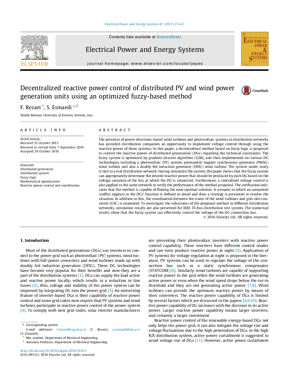 Decentralized reactive power control of distributed PV and wind power generation units using an optimized fuzzy-based method