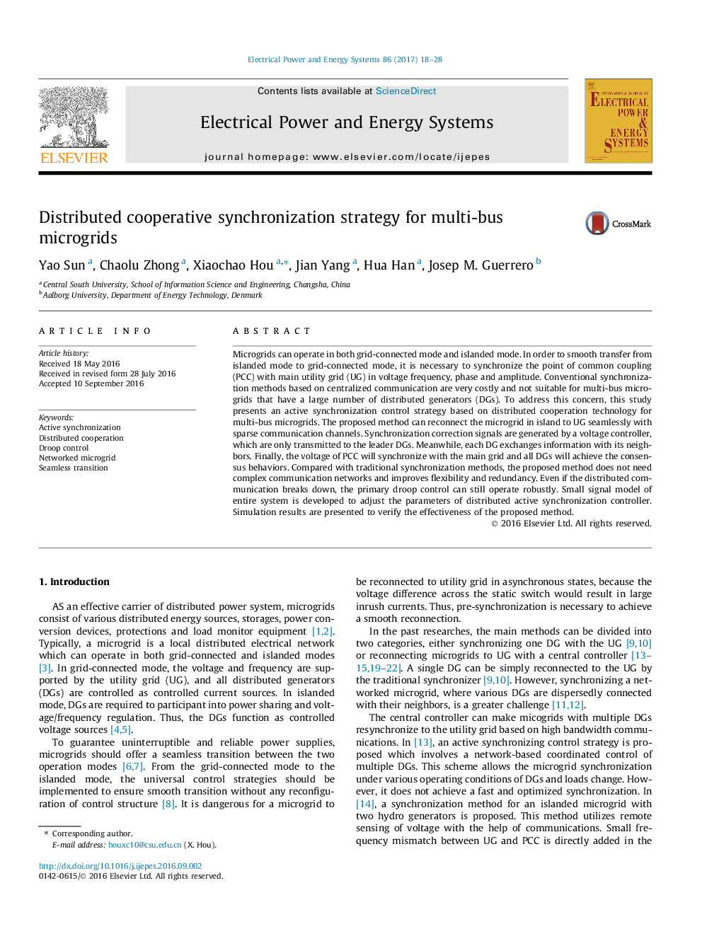 عکس صفحه اول مقاله: Distributed cooperative synchronization strategy for multi-bus microgrids Distributed cooperative synchronization strategy for multi-bus microgrids