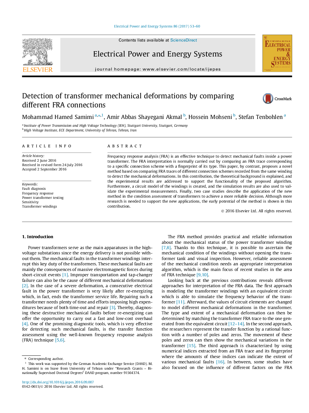 عکس صفحه اول مقاله: Detection of transformer mechanical deformations by comparing different FRA connections Detection of transformer mechanical deformations by comparing different FRA connections
