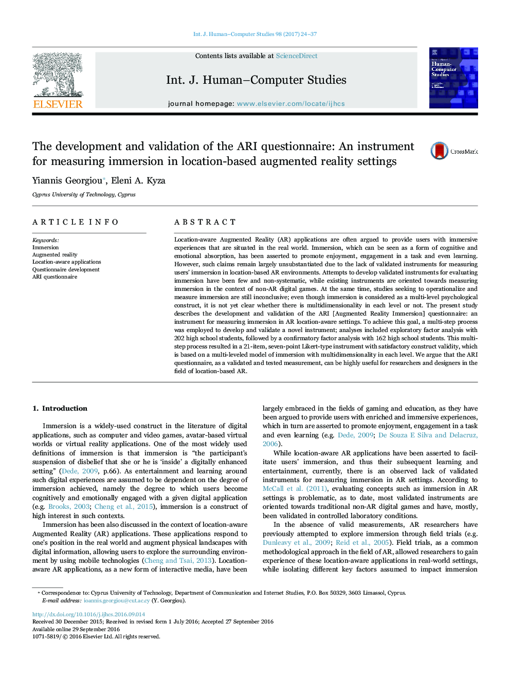 The development and validation of the ARI questionnaire: An instrument for measuring immersion in location-based augmented reality settings