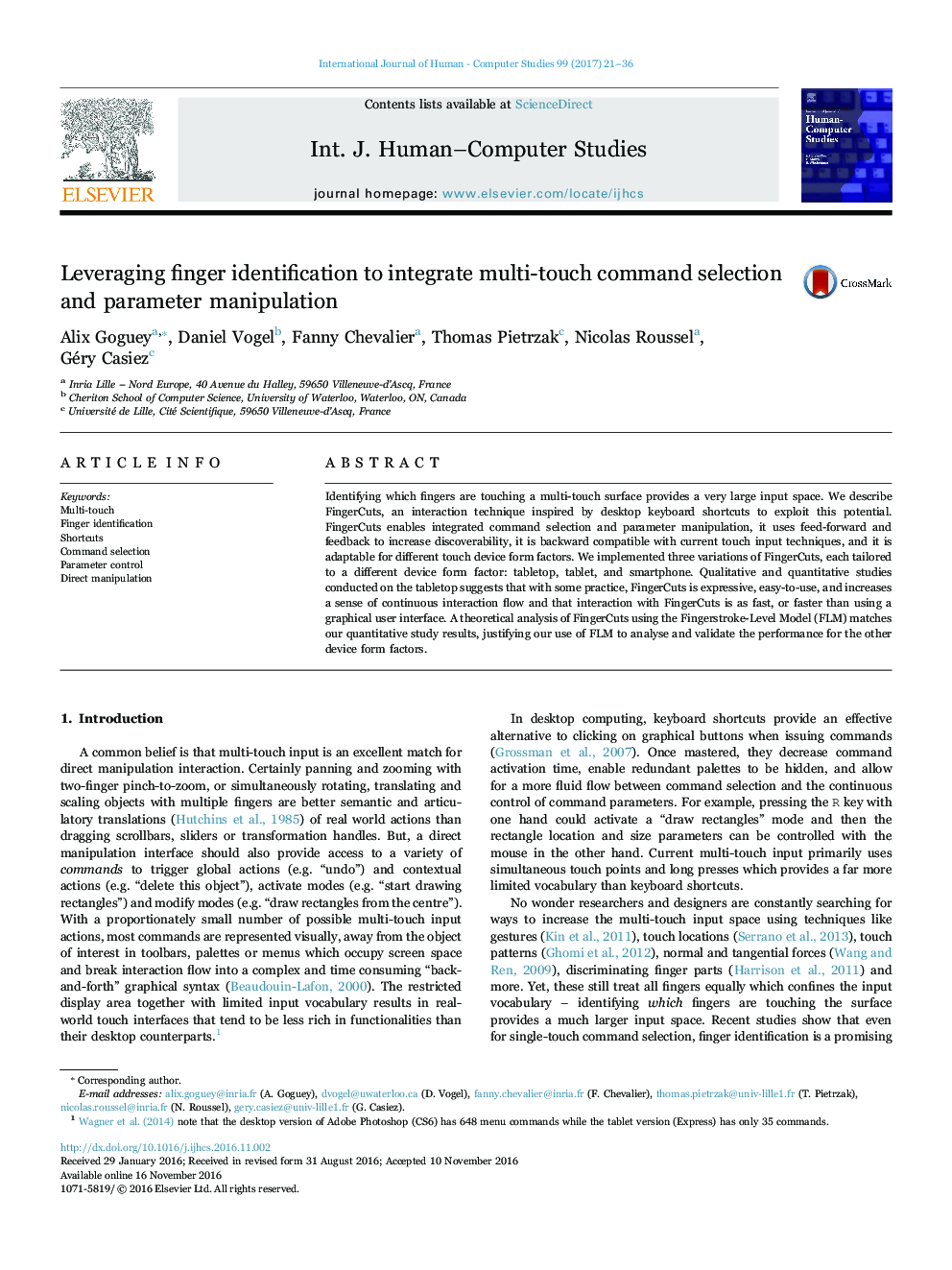 Leveraging finger identification to integrate multi-touch command selection and parameter manipulation