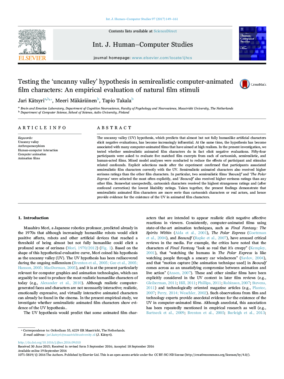 Testing the 'uncanny valley' hypothesis in semirealistic computer-animated film characters: An empirical evaluation of natural film stimuli