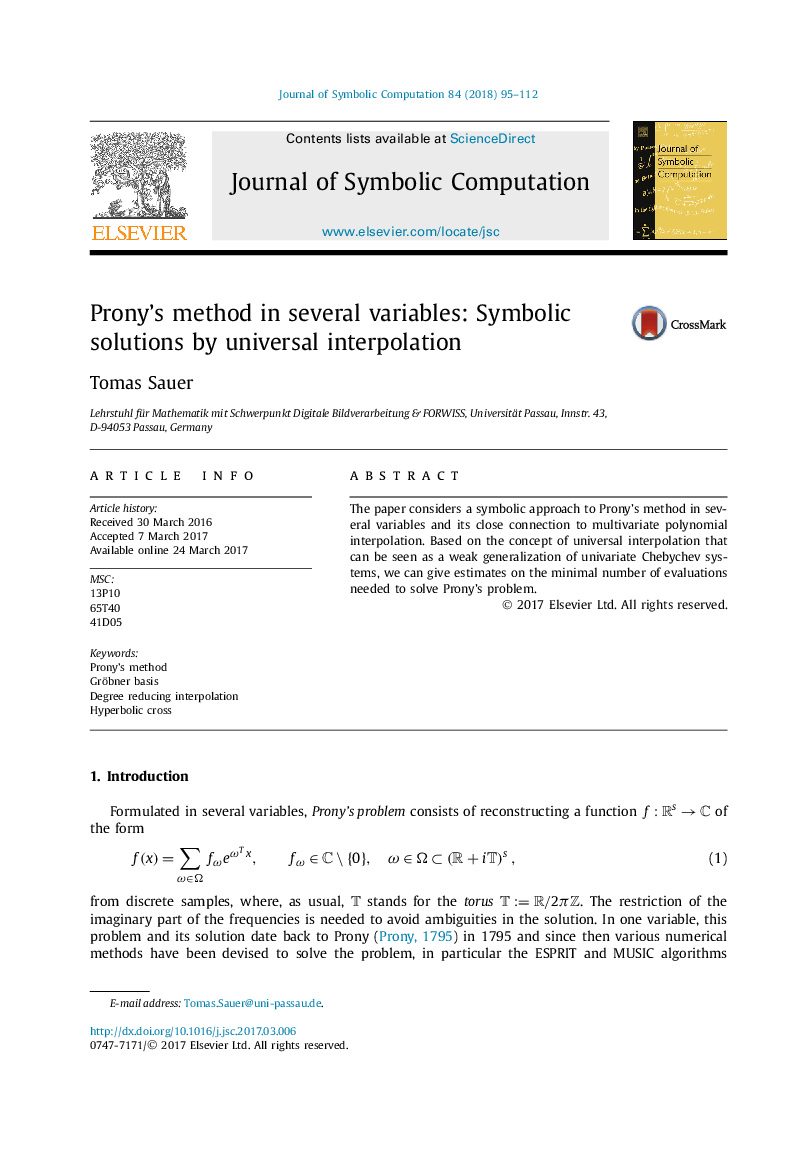 Prony's method in several variables: Symbolic solutions by universal interpolation