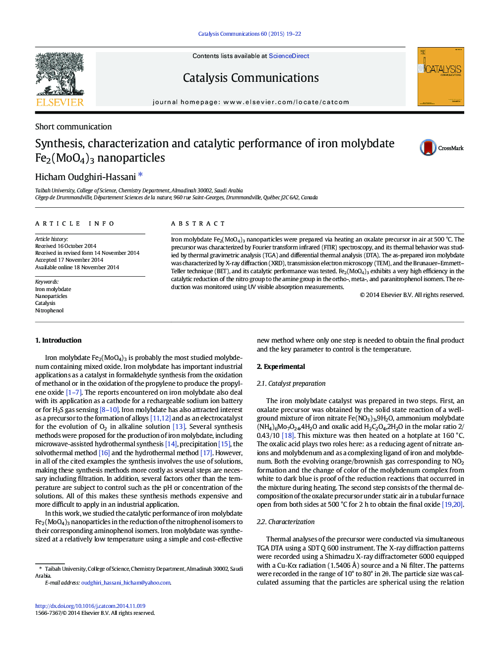 Synthesis, characterization and catalytic performance of iron molybdate Fe2(MoO4)3 nanoparticles