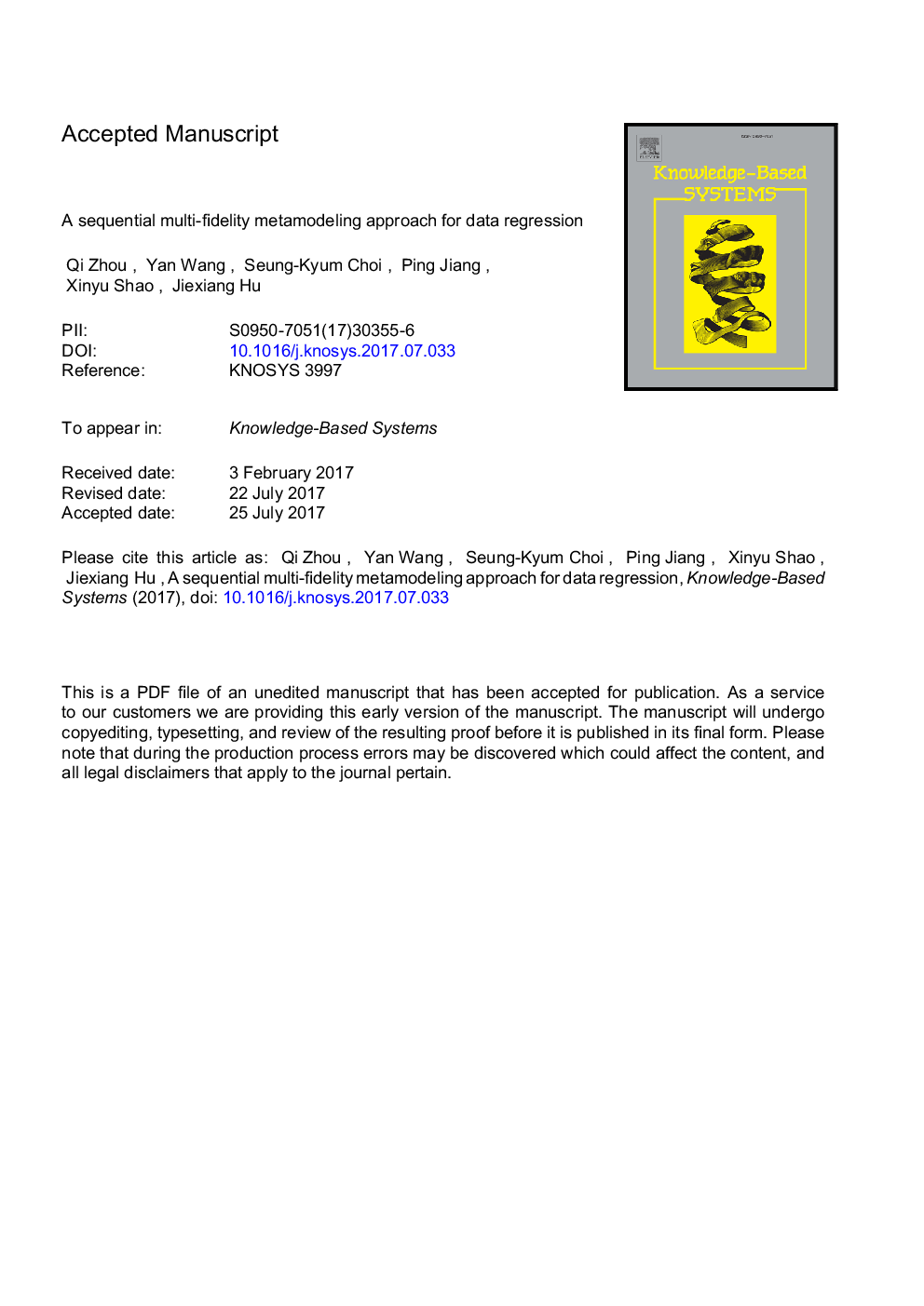 A sequential multi-fidelity metamodeling approach for data regression