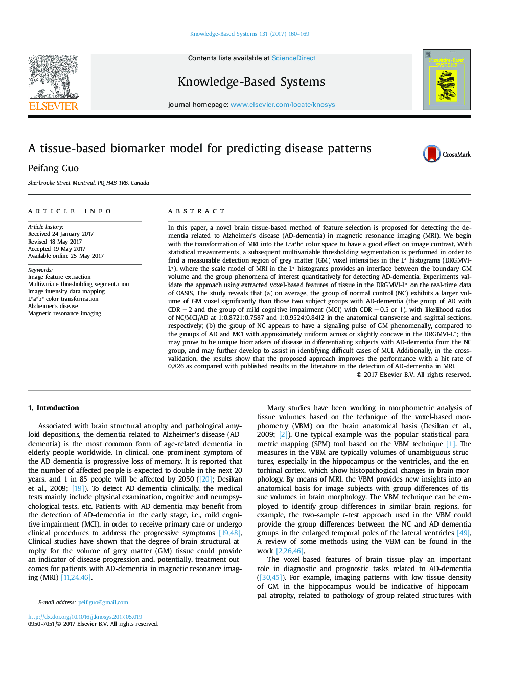 A tissue-based biomarker model for predicting disease patterns