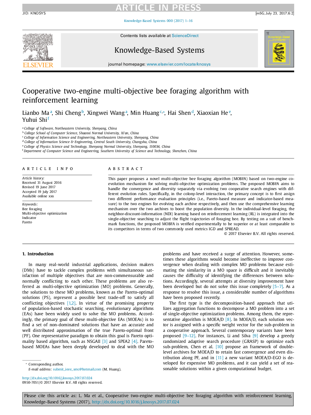 Cooperative two-engine multi-objective bee foraging algorithm with reinforcement learning