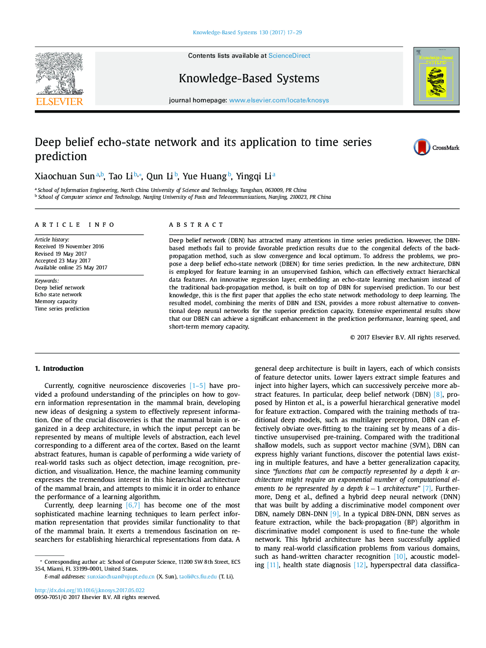 Deep belief echo-state network and its application to time series prediction