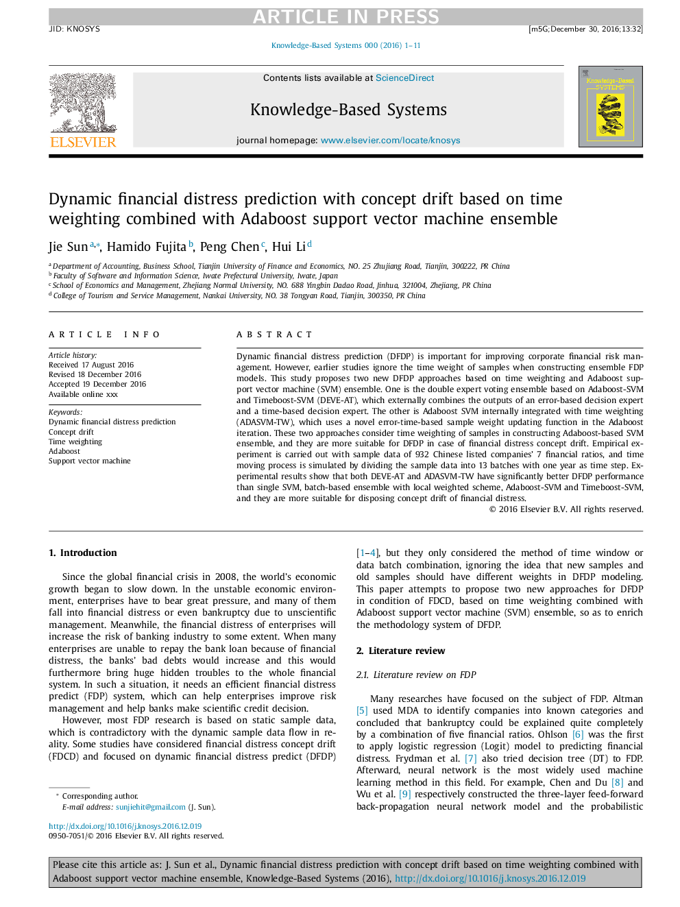 Dynamic financial distress prediction with concept drift based on time weighting combined with Adaboost support vector machine ensemble