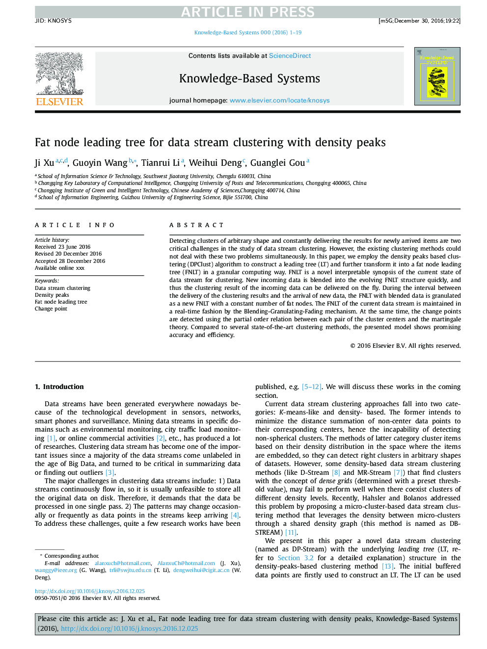 Fat node leading tree for data stream clustering with density peaks