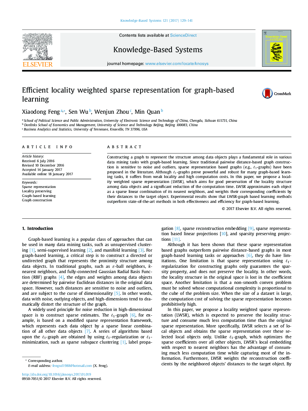 Efficient locality weighted sparse representation for graph-based learning