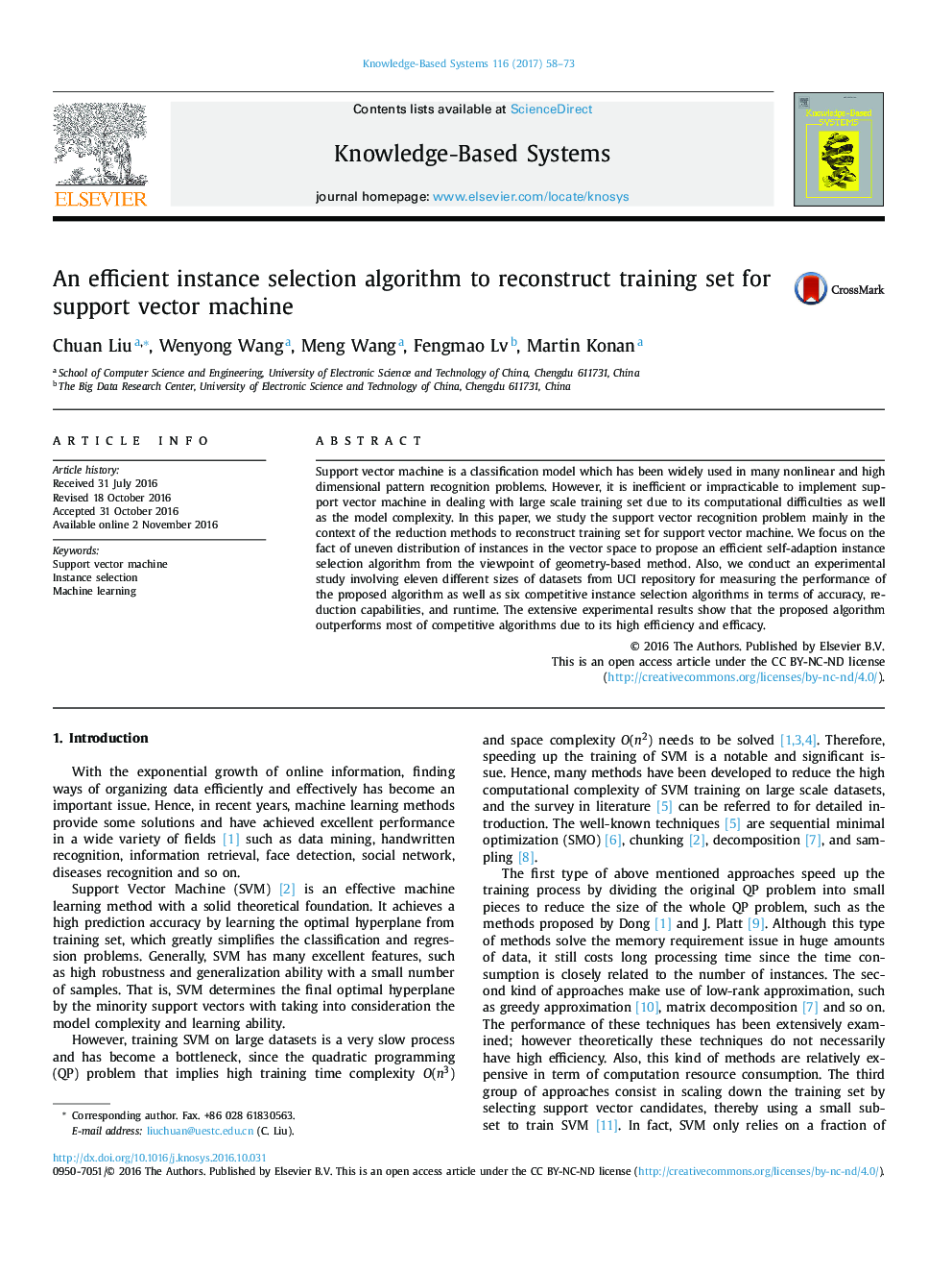 An efficient instance selection algorithm to reconstruct training set for support vector machine