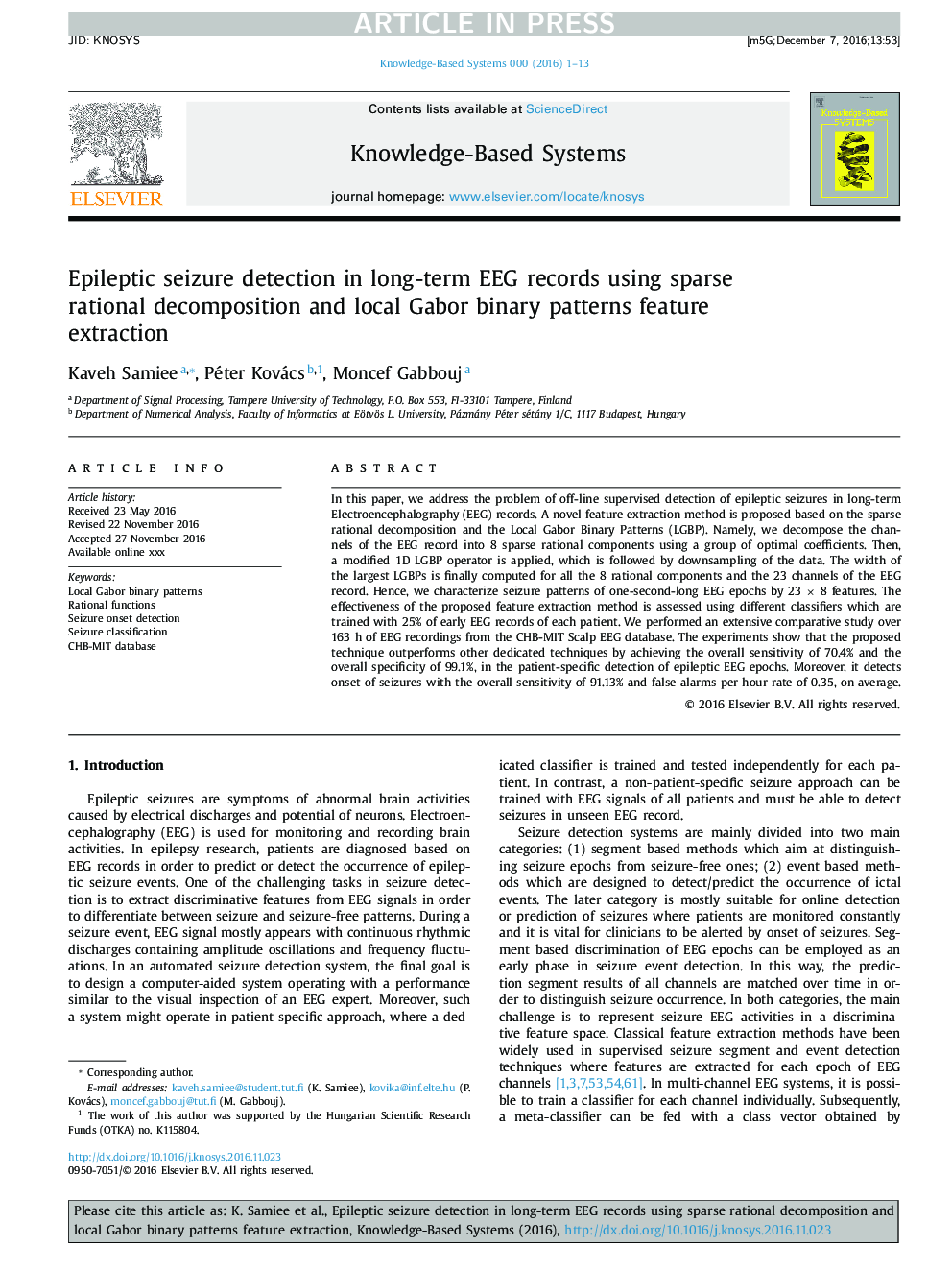 Epileptic seizure detection in long-term EEG records using sparse rational decomposition and local Gabor binary patterns feature extraction