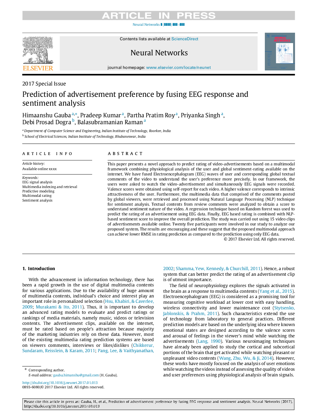 Prediction of advertisement preference by fusing EEG response and sentiment analysis