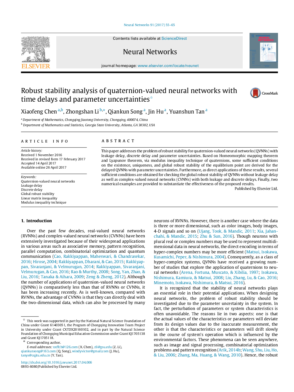 Robust stability analysis of quaternion-valued neural networks with time delays and parameter uncertainties