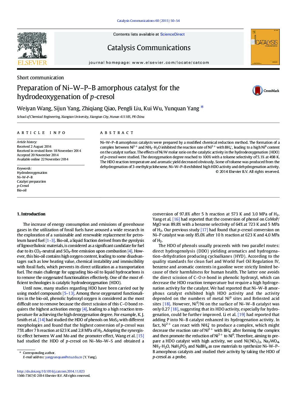 Preparation of Ni–W–P–B amorphous catalyst for the hydrodeoxygenation of p-cresol