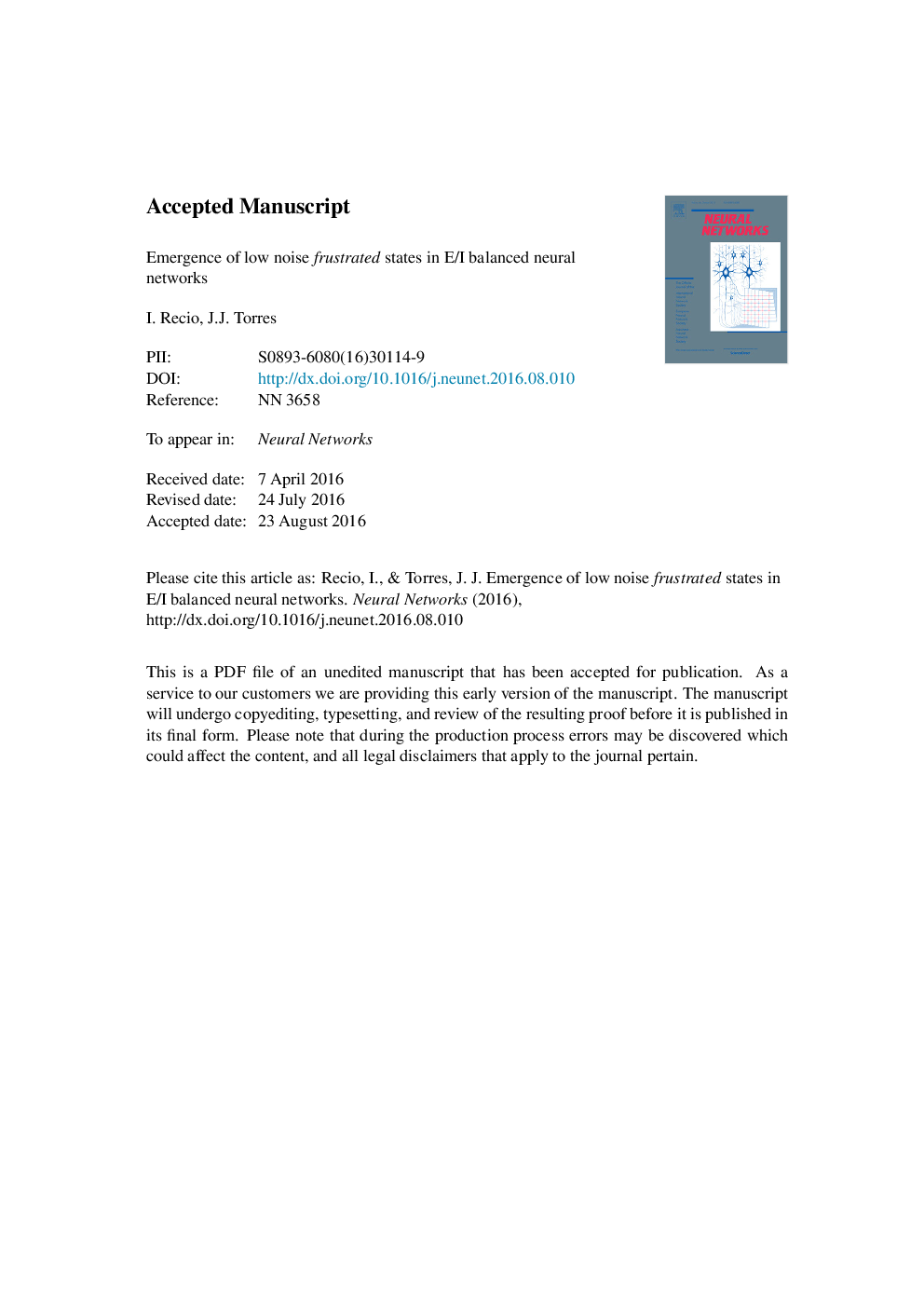 عکس صفحه اول مقاله: Emergence of low noise frustrated states in E/I balanced neural networks Emergence of low noise frustrated states in E/I balanced neural networks