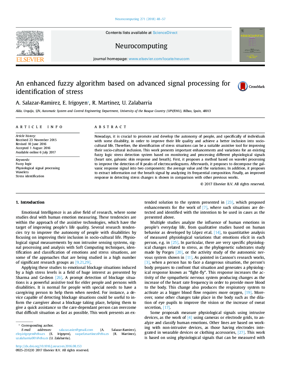 An enhanced fuzzy algorithm based on advanced signal processing for identification of stress