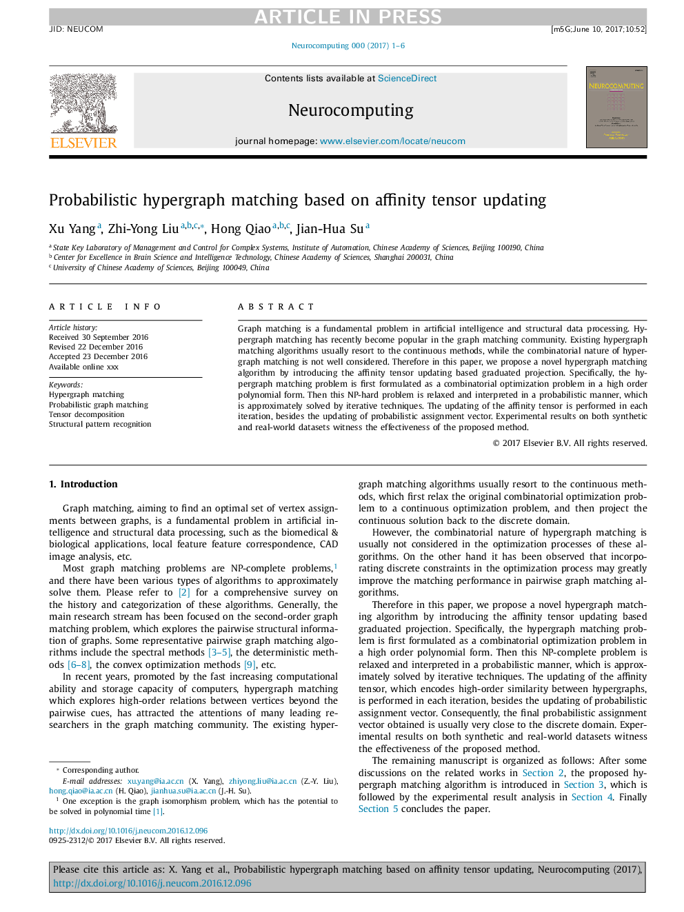 Probabilistic hypergraph matching based on affinity tensor updating