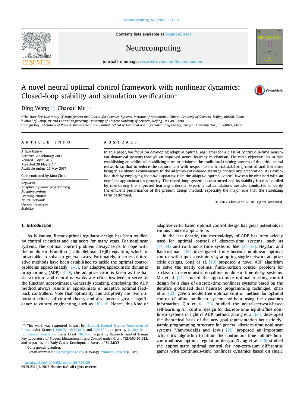 A novel neural optimal control framework with nonlinear dynamics: Closed-loop stability and simulation verification