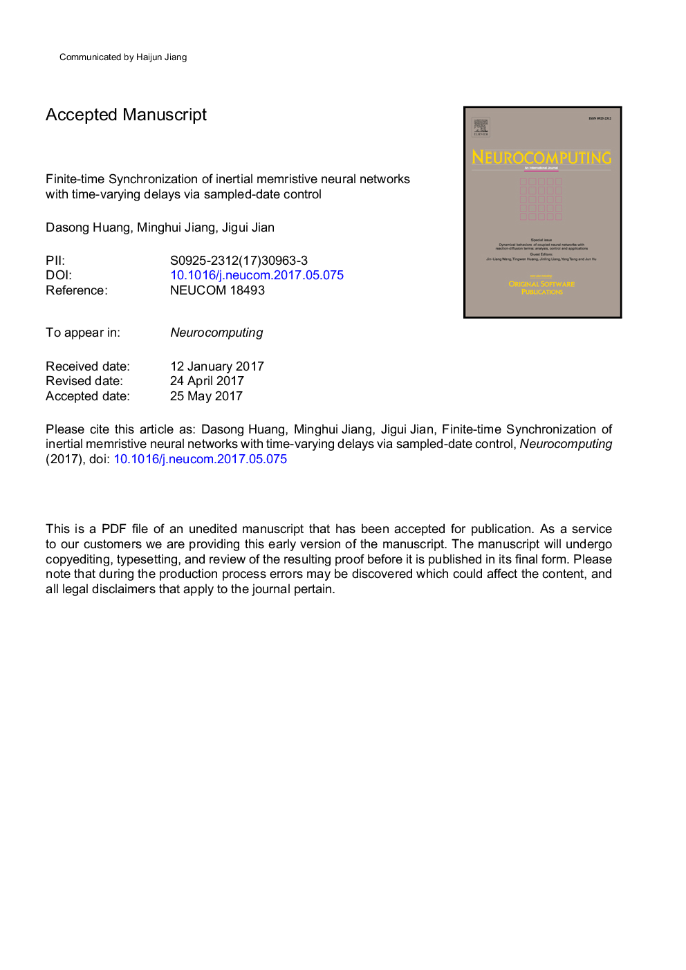 Finite-time synchronization of inertial memristive neural networks with time-varying delays via sampled-date control