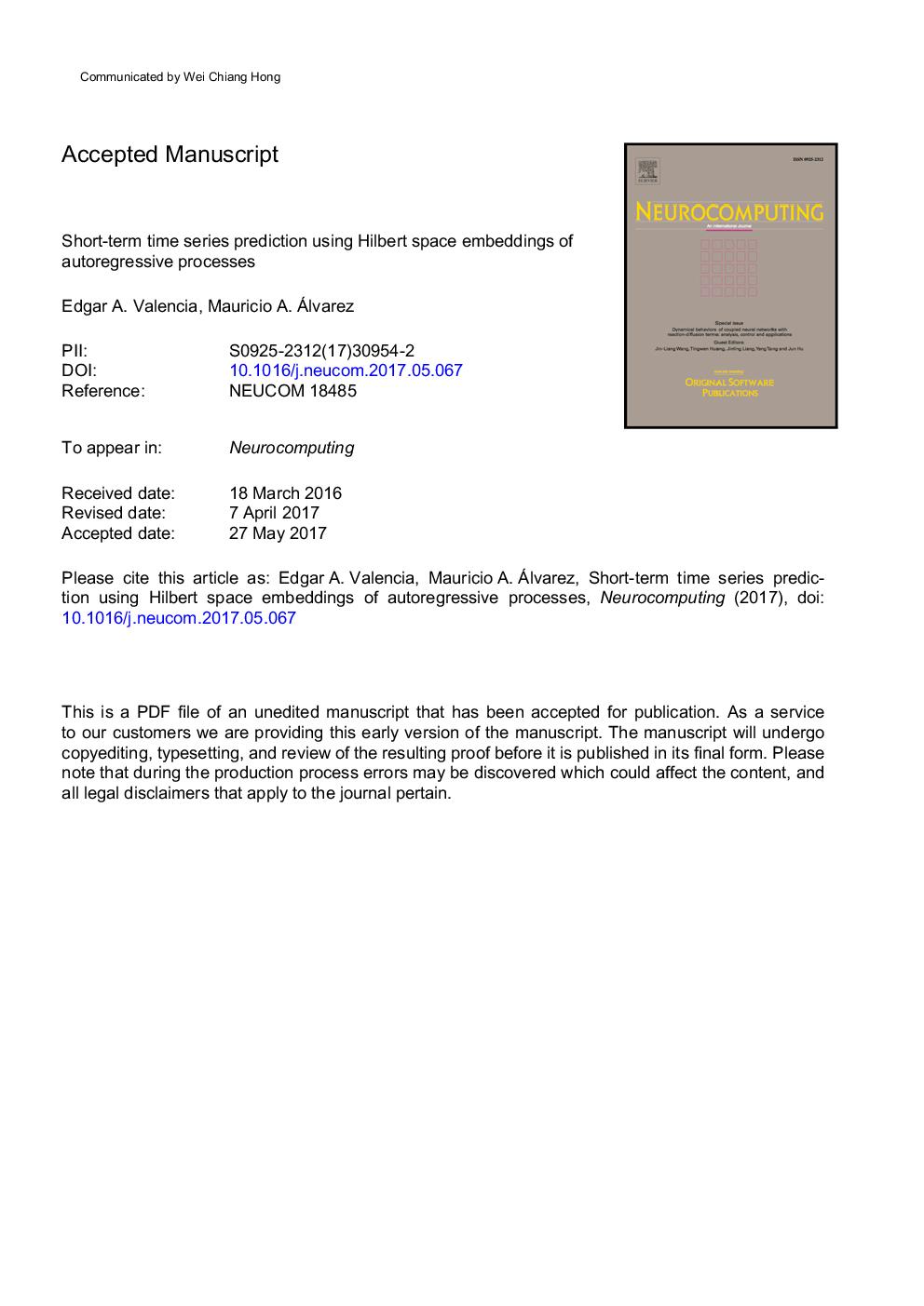 Short-term time series prediction using Hilbert space embeddings of autoregressive processes