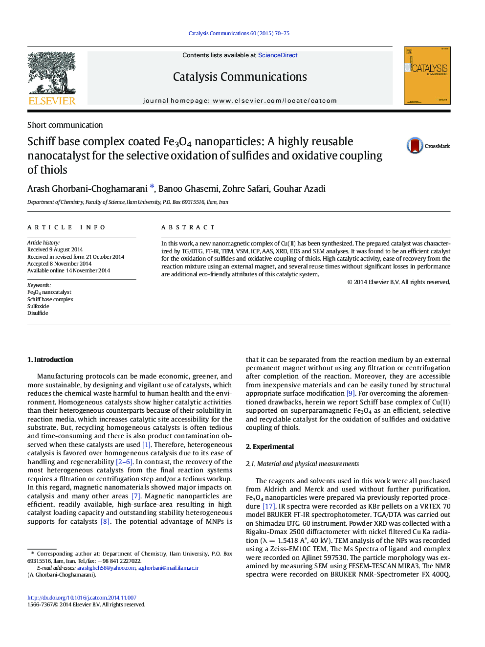 Schiff base complex coated Fe3O4 nanoparticles: A highly reusable nanocatalyst for the selective oxidation of sulfides and oxidative coupling of thiols