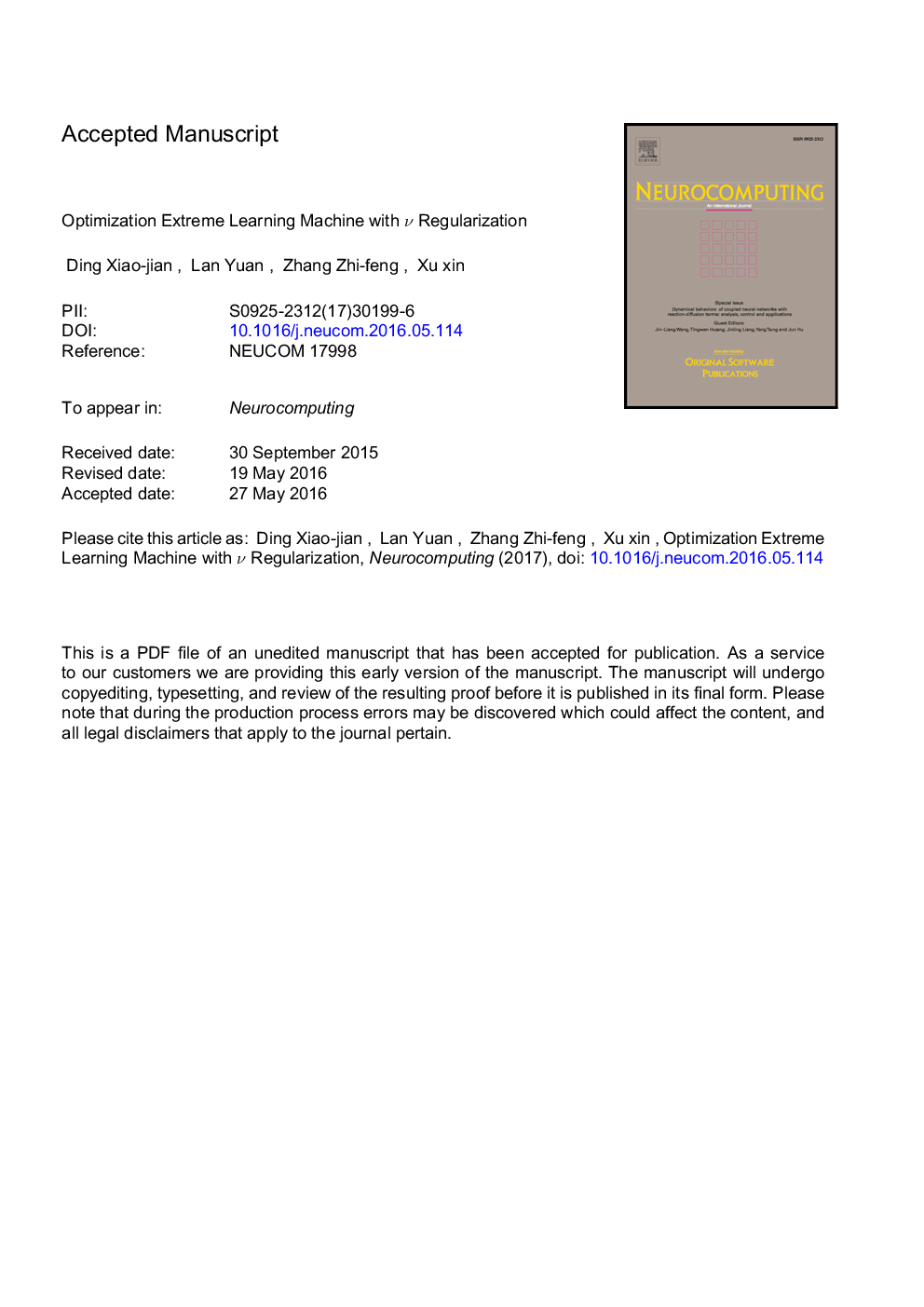 Optimization extreme learning machine with Î½ regularization