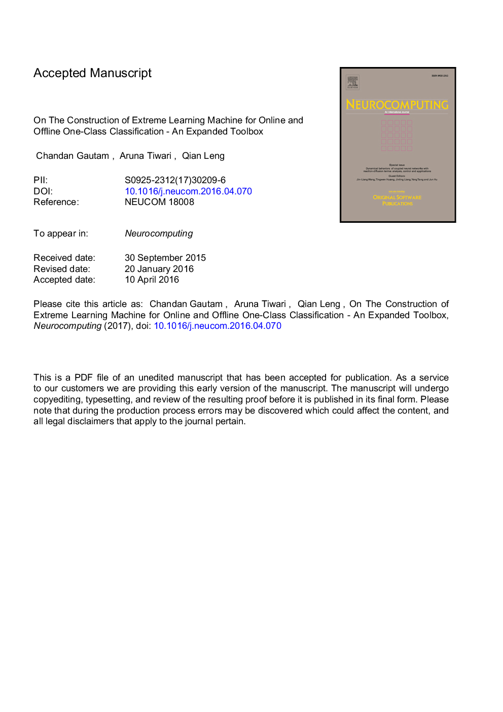 On the construction of extreme learning machine for online and offline one-class classification-An expanded toolbox