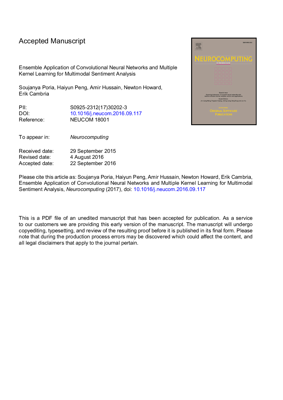 Ensemble application of convolutional neural networks and multiple kernel learning for multimodal sentiment analysis