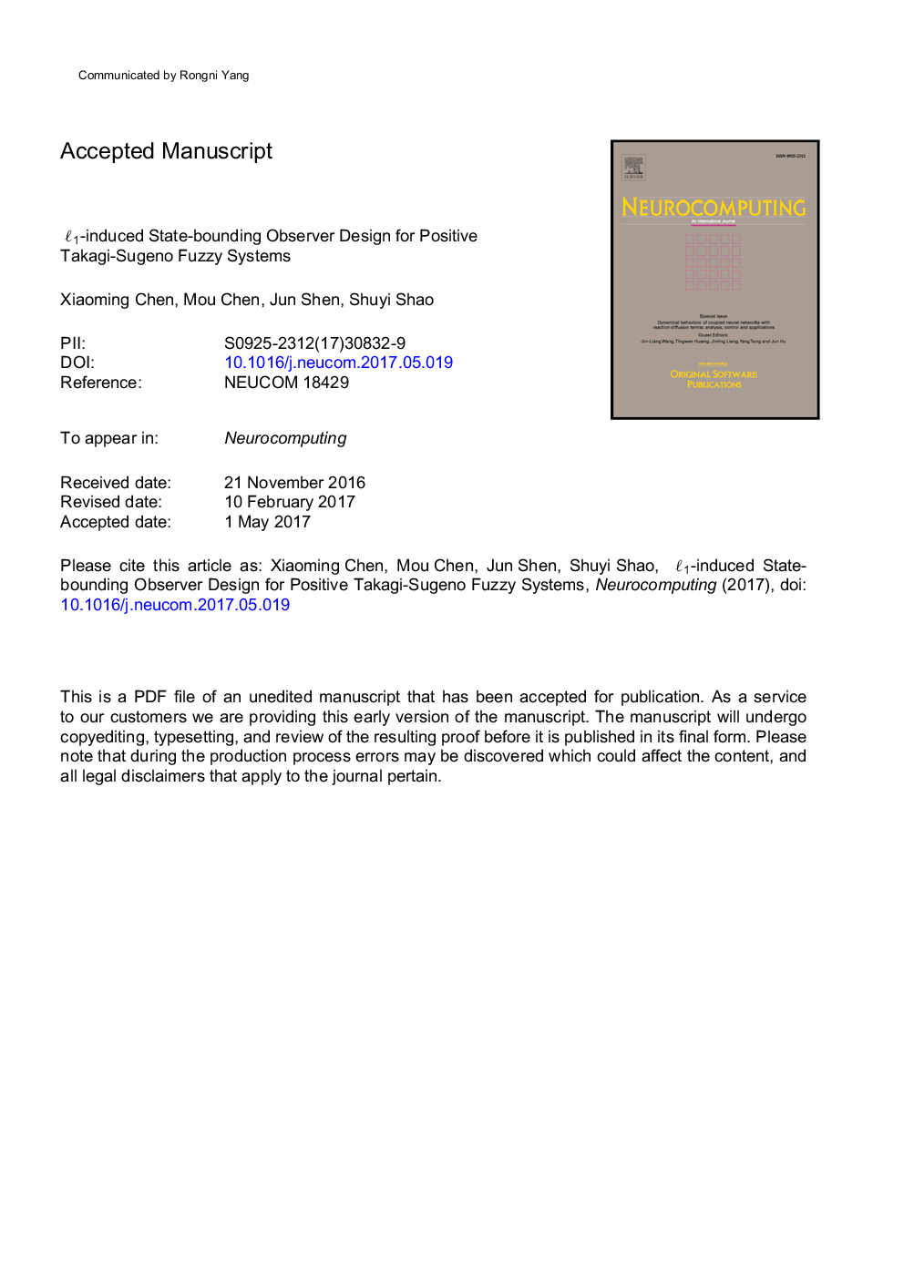 عکس صفحه اول مقاله: â1-induced state-bounding observer design for positive Takagi-Sugeno fuzzy systems â1-induced state-bounding observer design for positive Takagi-Sugeno fuzzy systems