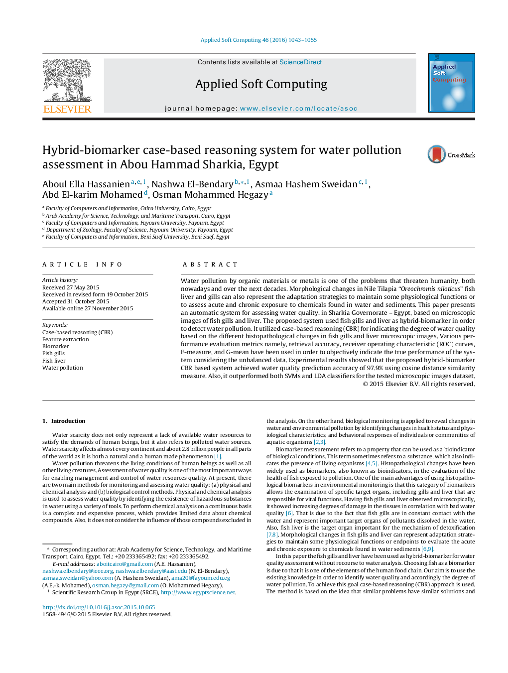 Hybrid-biomarker case-based reasoning system for water pollution assessment in Abou Hammad Sharkia, Egypt