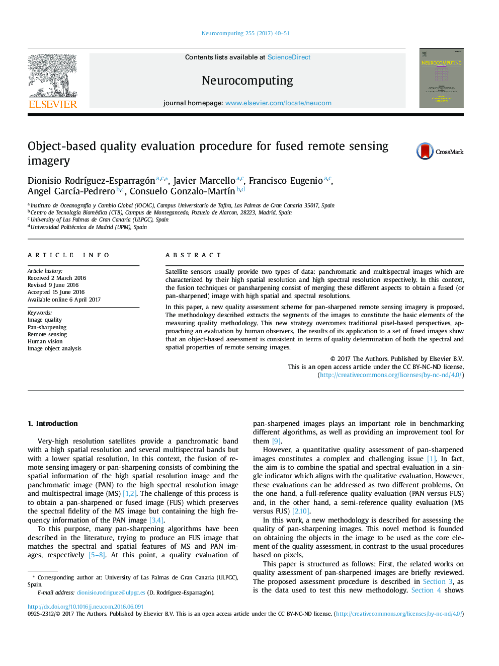 Object-based quality evaluation procedure for fused remote sensing imagery