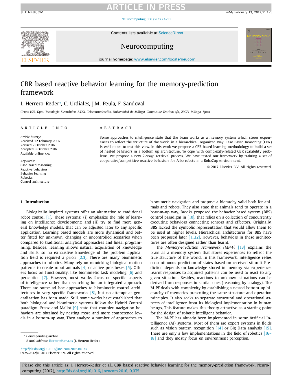 CBR based reactive behavior learning for the memory-prediction framework