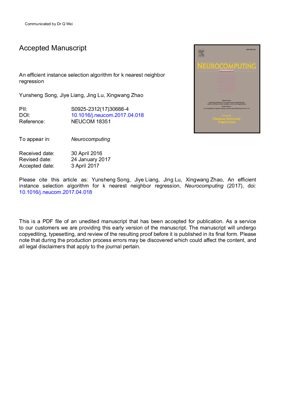 An efficient instance selection algorithm for k nearest neighbor regression