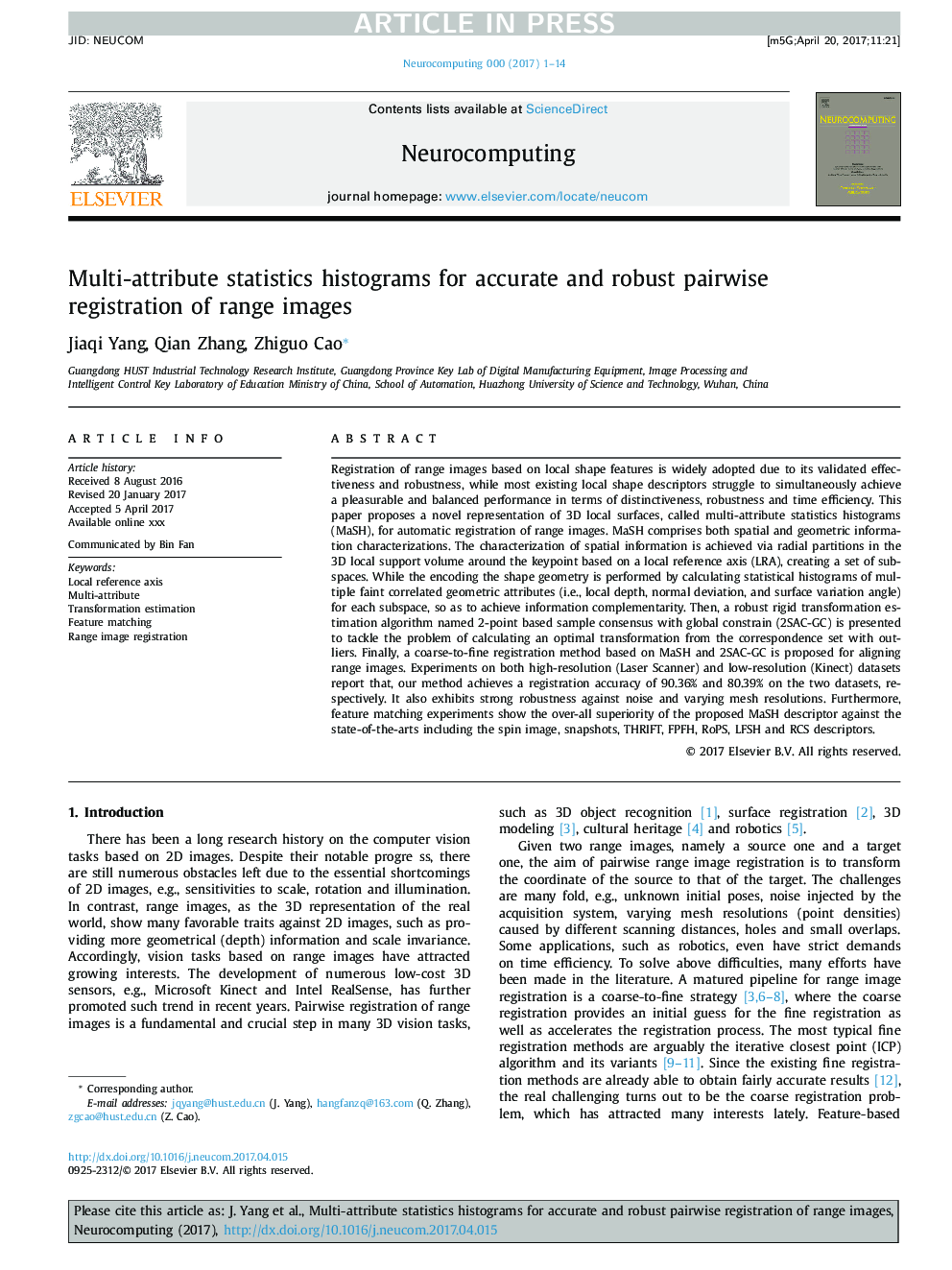 Multi-attribute statistics histograms for accurate and robust pairwise registration of range images