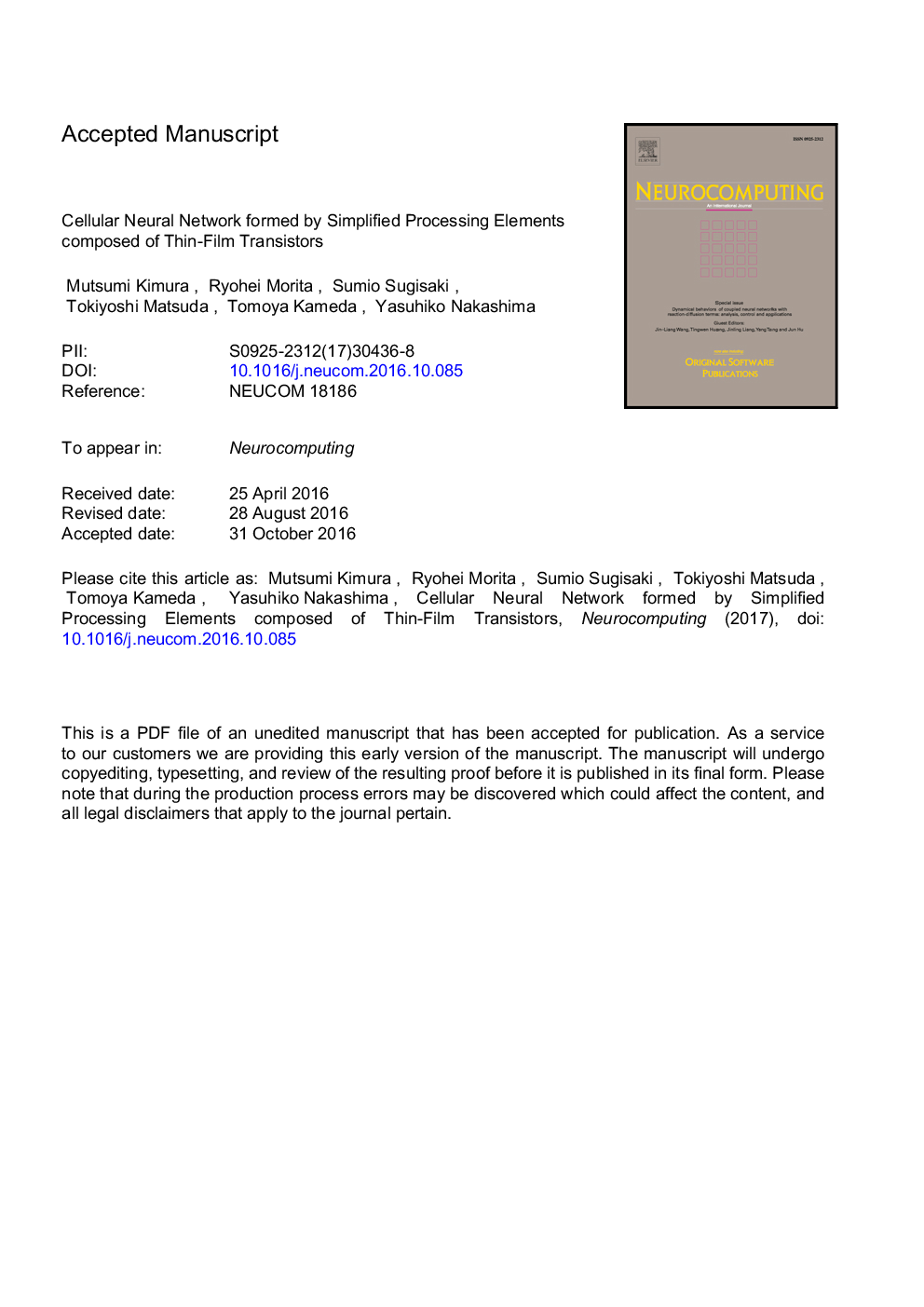 Cellular neural network formed by simplified processing elements composed of thin-film transistors