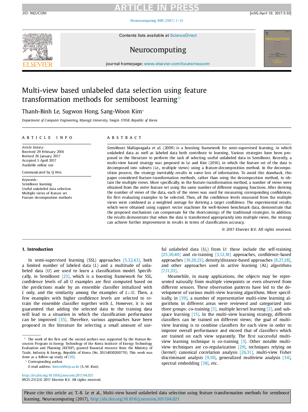 Multi-view based unlabeled data selection using feature transformation methods for semiboost learning