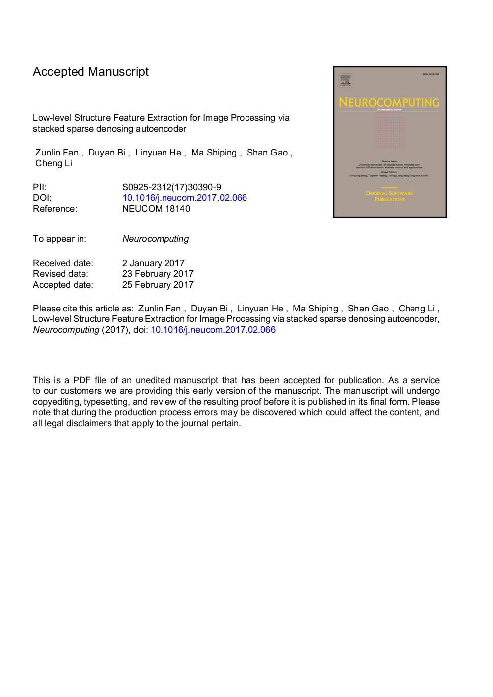 عکس صفحه اول مقاله: Low-level structure feature extraction for image processing via stacked sparse denoising autoencoder
Low-level structure feature extraction for image processing via stacked sparse denoising autoencoder