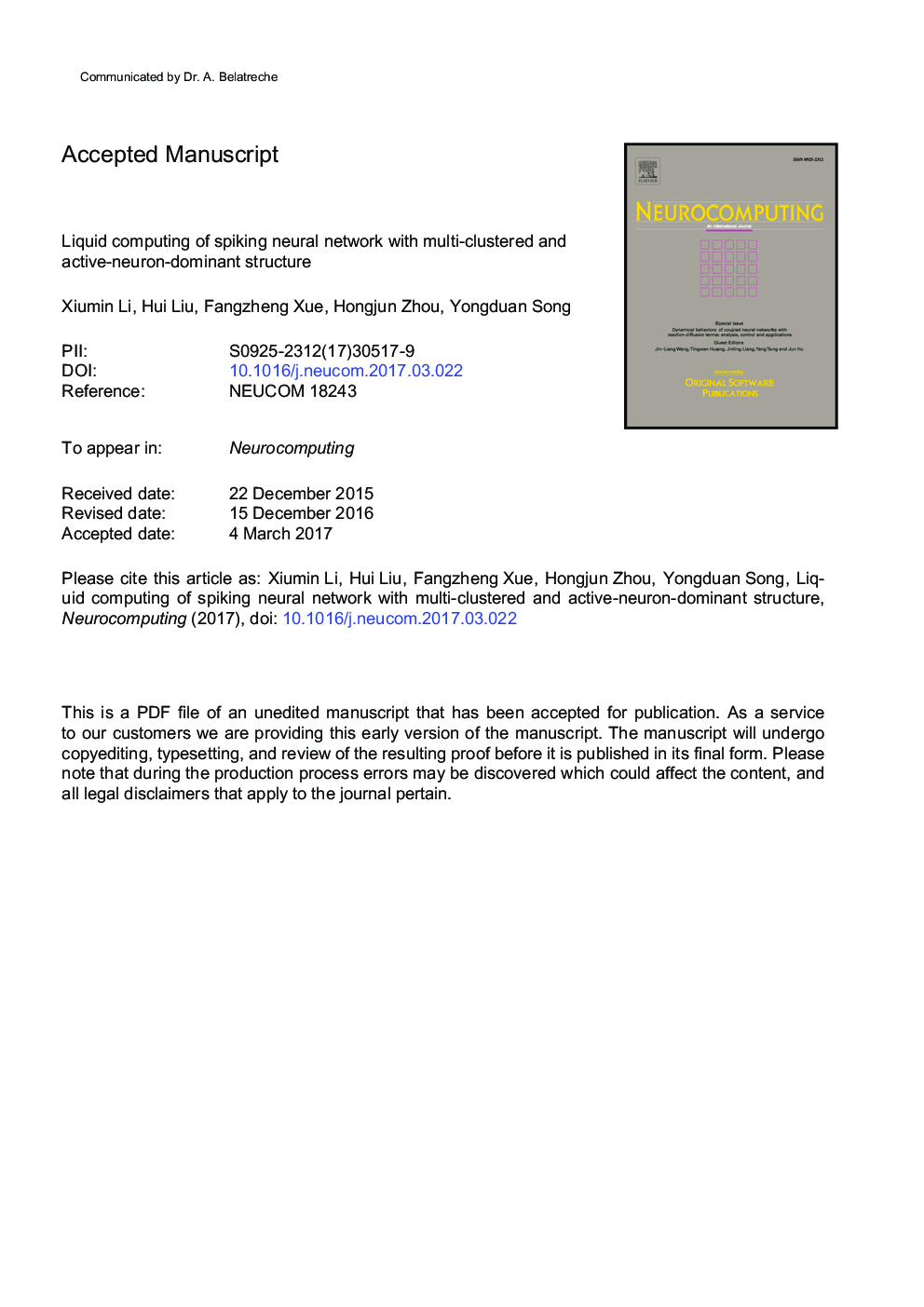 Liquid computing of spiking neural network with multi-clustered and active-neuron-dominant structure