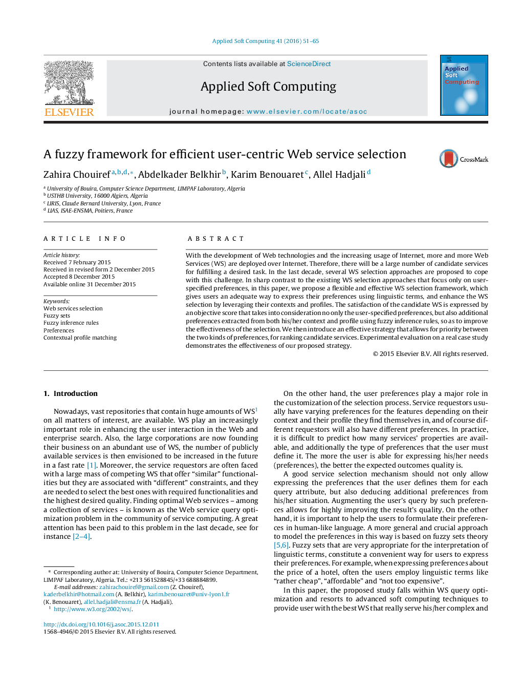 A fuzzy framework for efficient user-centric Web service selection