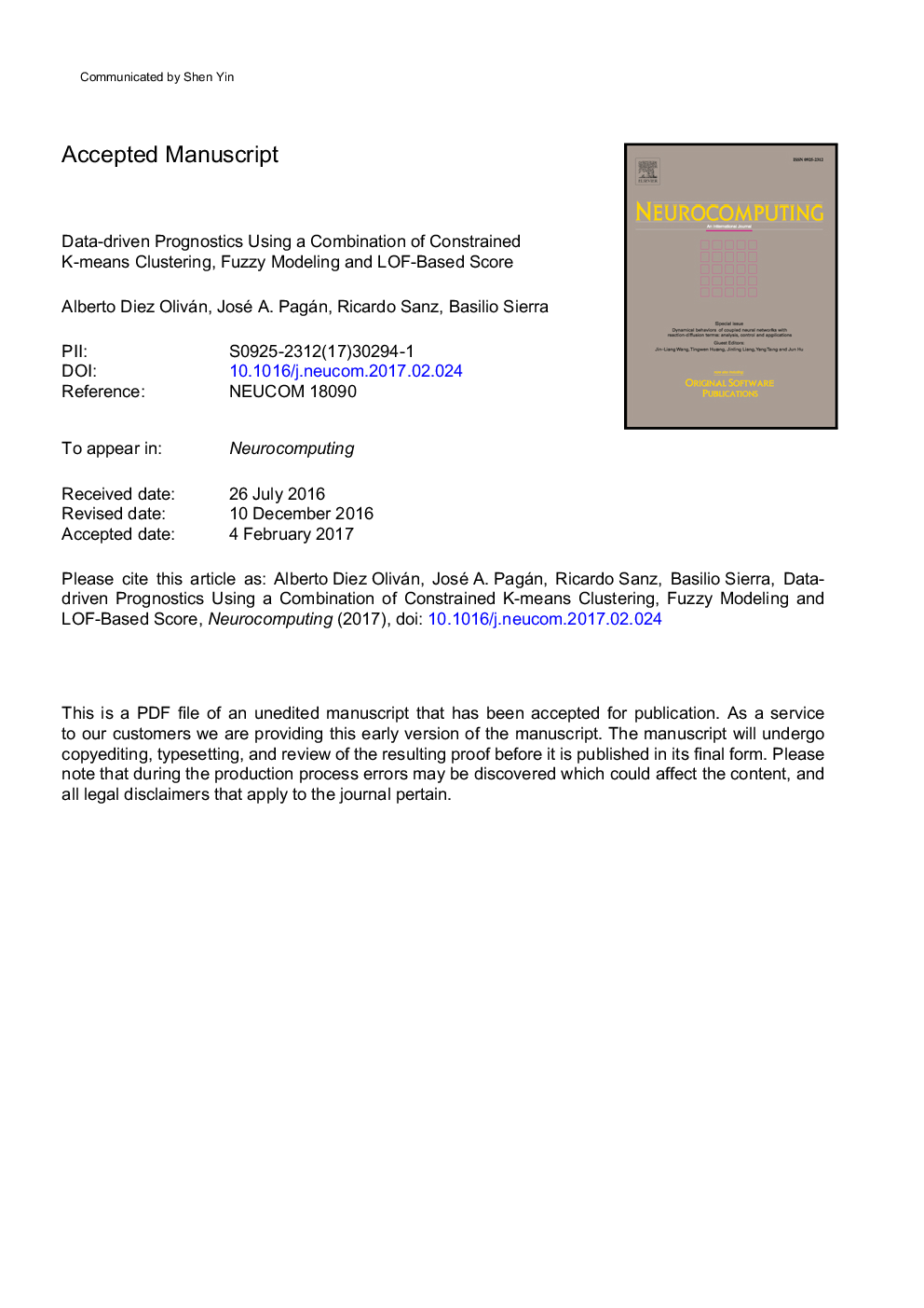 Data-driven prognostics using a combination of constrained K-means clustering, fuzzy modeling and LOF-based score