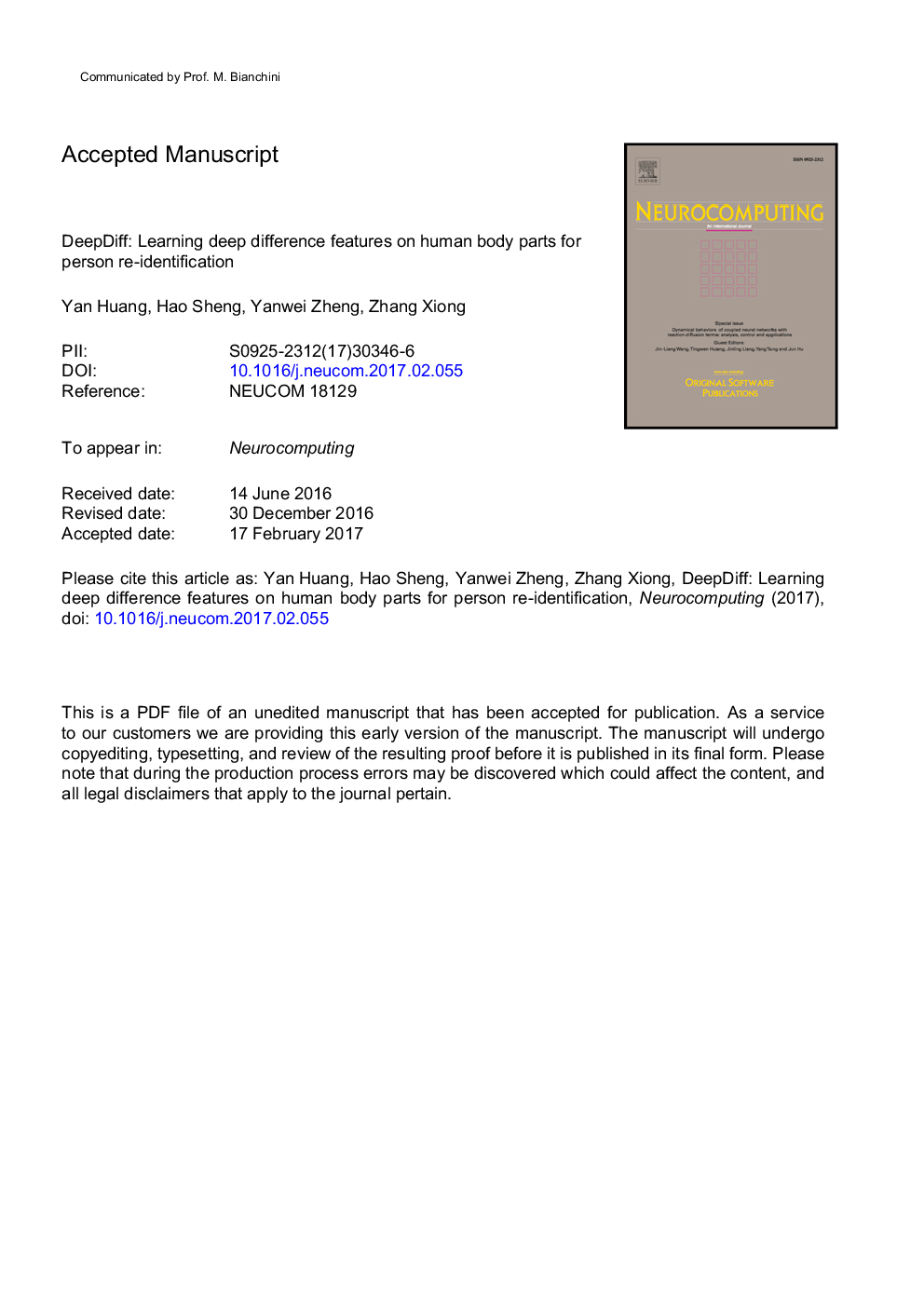 عکس صفحه اول مقاله: DeepDiff: Learning deep difference features on human body parts for person re-identification DeepDiff: Learning deep difference features on human body parts for person re-identification