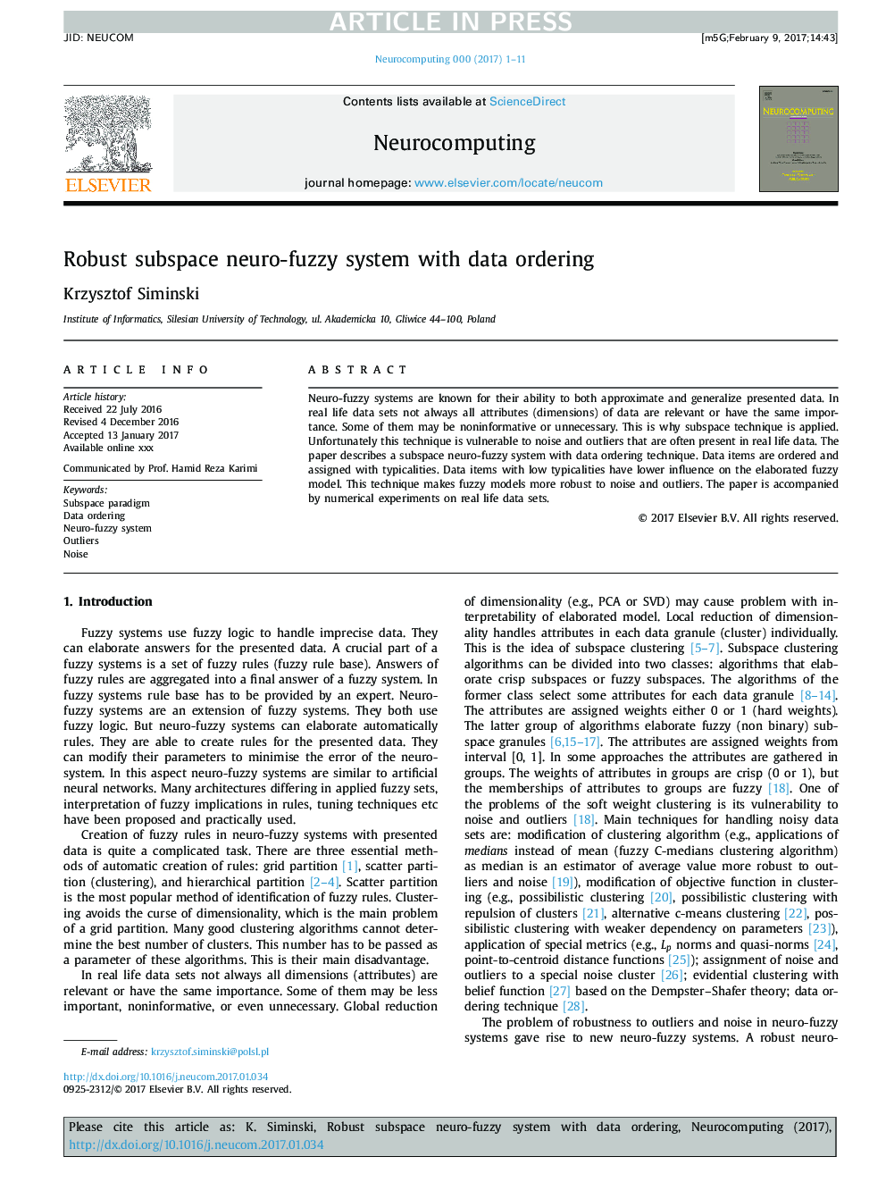 Robust subspace neuro-fuzzy system with data ordering