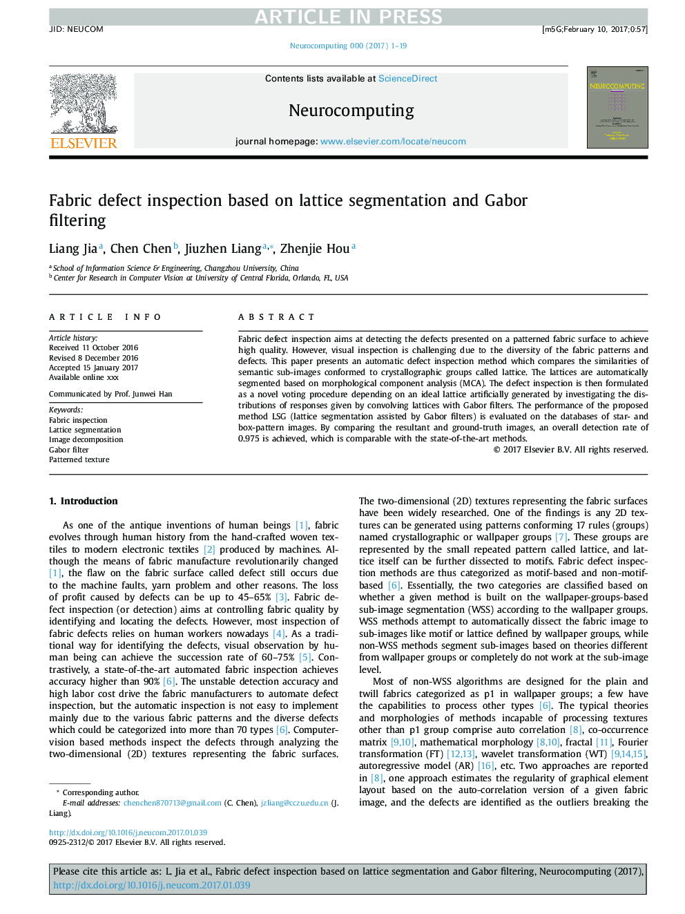 Fabric defect inspection based on lattice segmentation and Gabor filtering